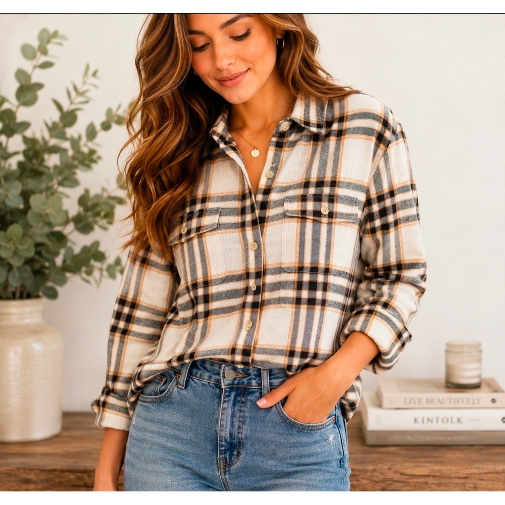 Old Navy NWT XS Plaid‎ Boyfriend Shirt Women Cream Black Tan Casual Classic